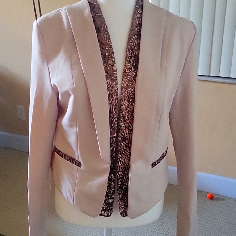 Tan cropped Sequined tuxedo jacket